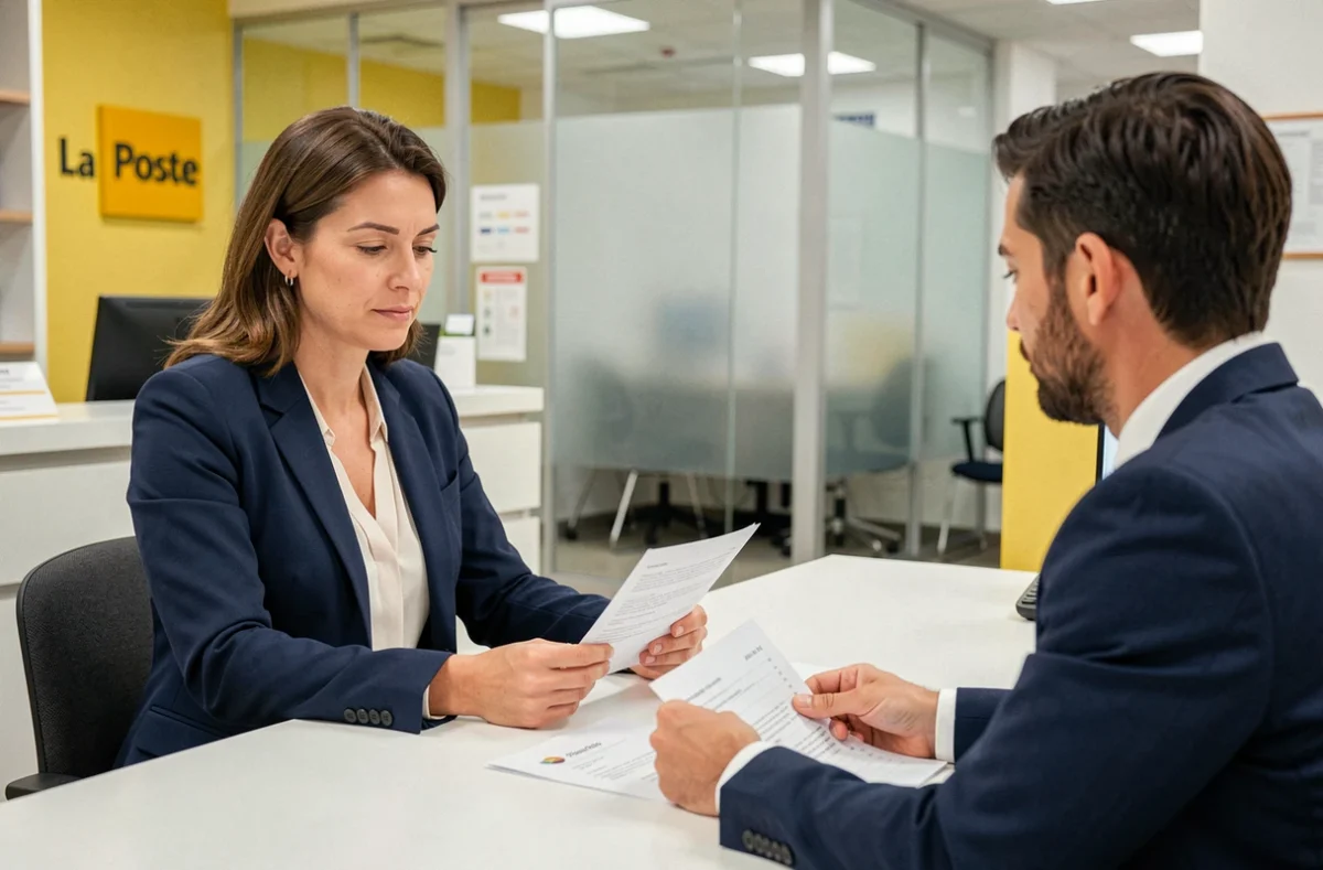 Une cliente discute avec un conseiller La Banque Postale dans une agence modernisée en 2026