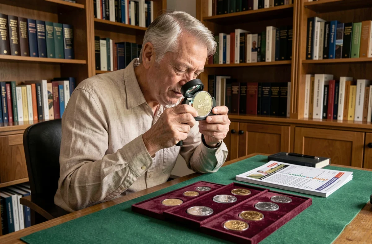 Collectionneur numismate examinant une pièce de 2 euros Jeux Olympiques 2026 à la loupe sur un bureau recouvert de feutrine verte
