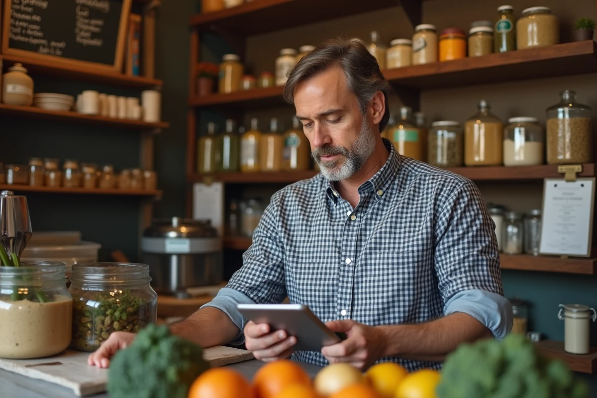 Commerçant indépendant consultant une application bancaire professionnelle sur tablette dans son épicerie traditionnelle