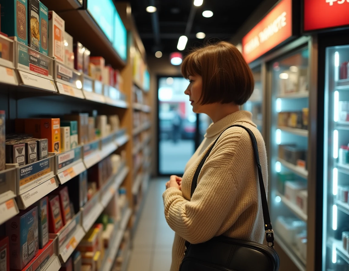Femme comparant les prix du tabac à rouler dans une boutique allemande près de la frontière française