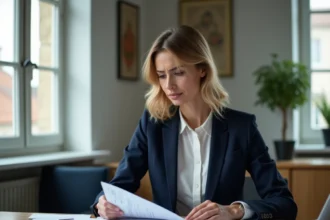 Comptable professionnelle examinant des documents fiscaux liés à l'acompte IS 2026 dans un bureau moderne