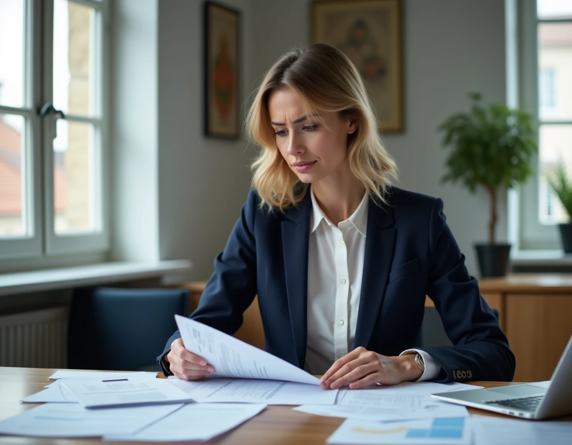 Comptable professionnelle examinant des documents fiscaux liés à l'acompte IS 2026 dans un bureau moderne