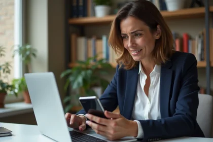 Femme utilisant un ordinateur portable pour accéder à son compte bancaire en ligne Banque Populaire Cyberplus bloqué