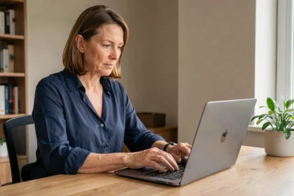 Femme connectée à son espace bancaire en ligne Cyberplus sur un ordinateur portable dans un bureau à domicile