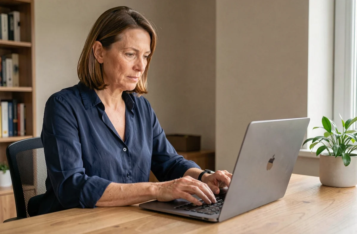 Femme connectée à son espace bancaire en ligne Cyberplus sur un ordinateur portable dans un bureau à domicile