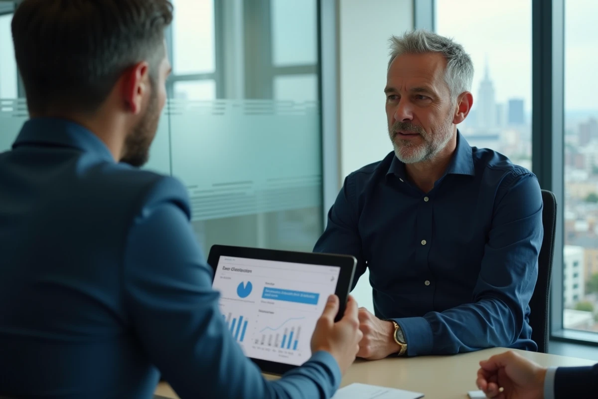 Homme en réunion avec un conseiller financier consultant un tableau d'optimisation fiscale sur tablette dans un bureau professionnel