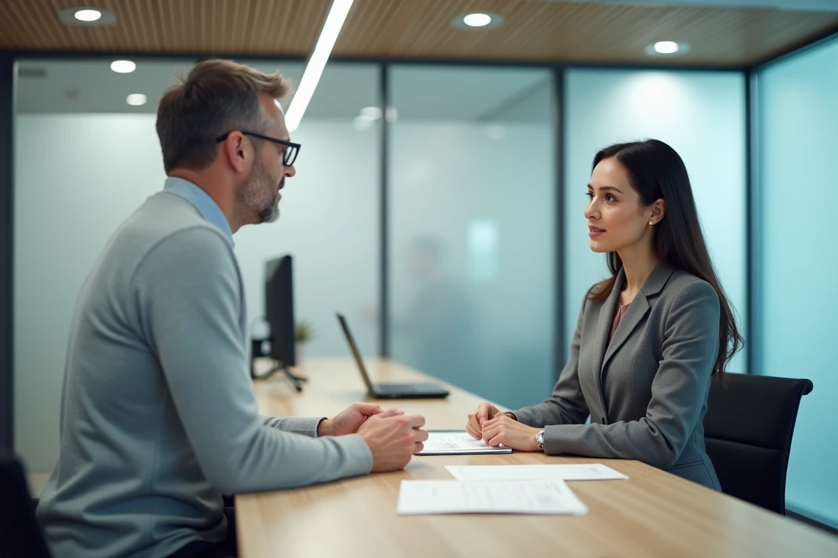 Client en discussion avec un conseiller bancaire pour résoudre un problème de compte Cyberplus Banque Populaire bloqué en agence