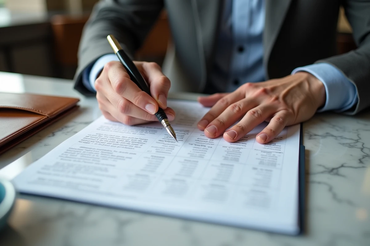 Mains d'un conseiller financier annotant un document de planification avec un tableau de taux CMS 10 ans sur table en marbre