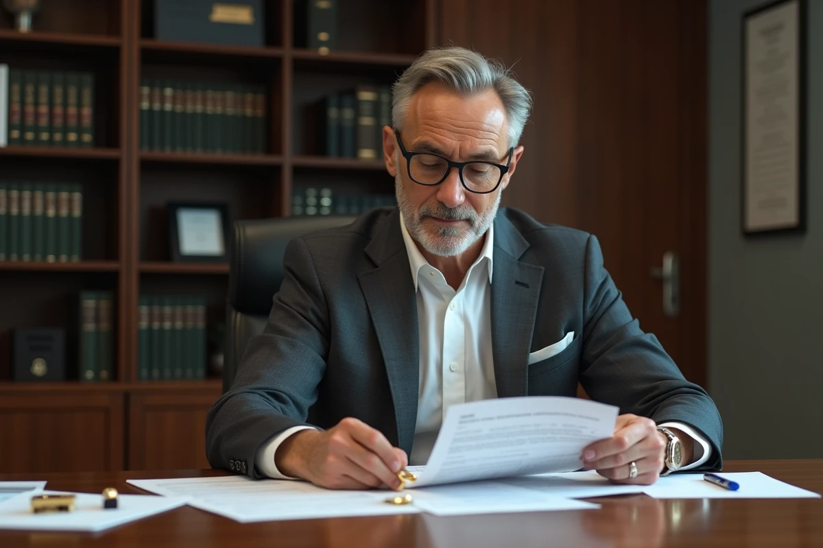 Conseiller financier tenant un lingot d'or 250g et examinant des documents d'assurance dans un bureau professionnel