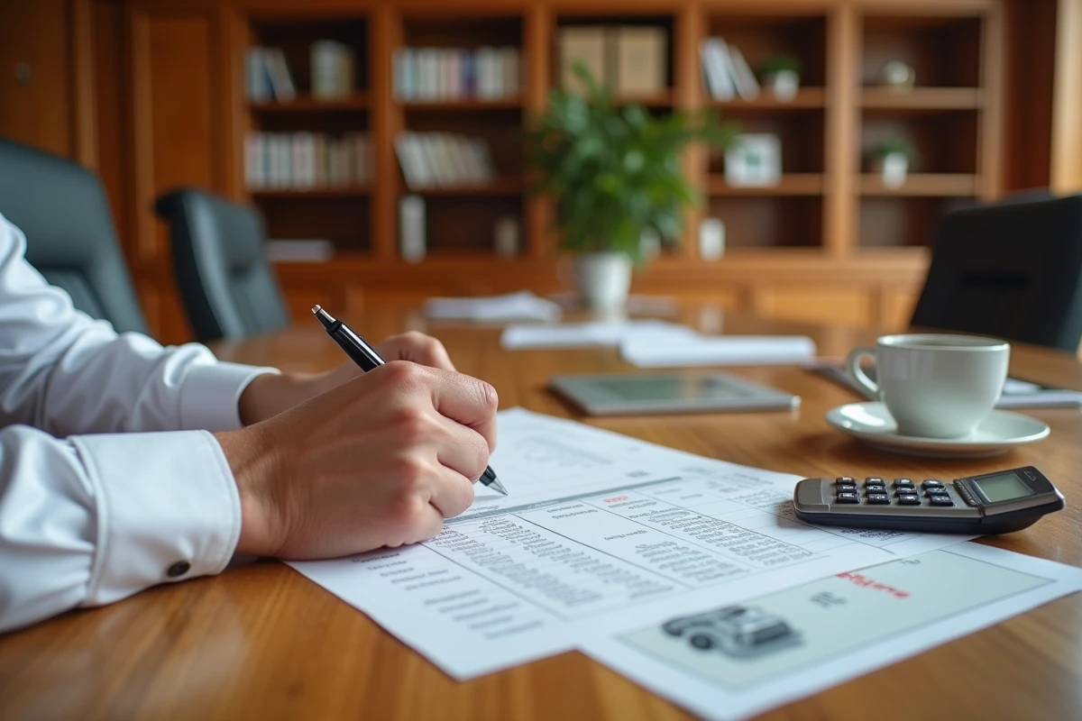 Conseiller fiscal annotant un rapport sur la déductibilité de l'amortissement d'un véhicule de société en LLD
