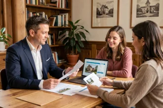 Conseiller en investissement locatif expliquant une stratégie immobilière à un couple dans un bureau professionnel du Puy-de-Dôme