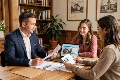 Conseiller en investissement locatif expliquant une stratégie immobilière à un couple dans un bureau professionnel du Puy-de-Dôme