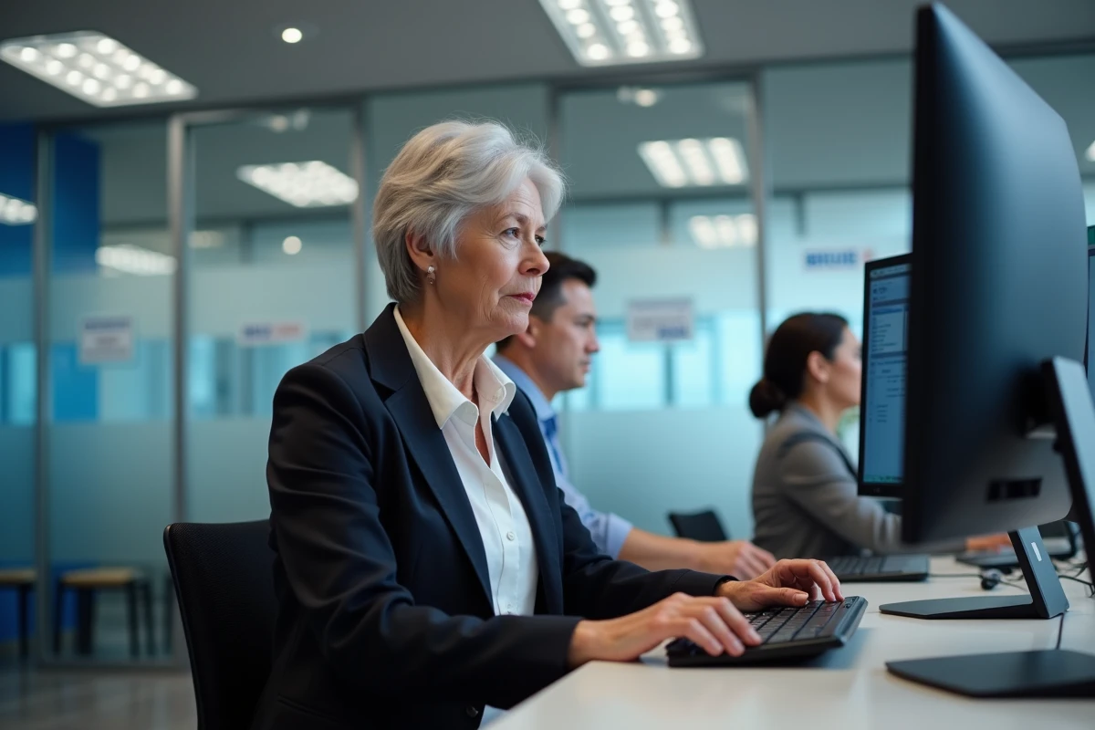 Conseillère bancaire aidant un client à récupérer son mot de passe Cyberplus en agence Banque Populaire