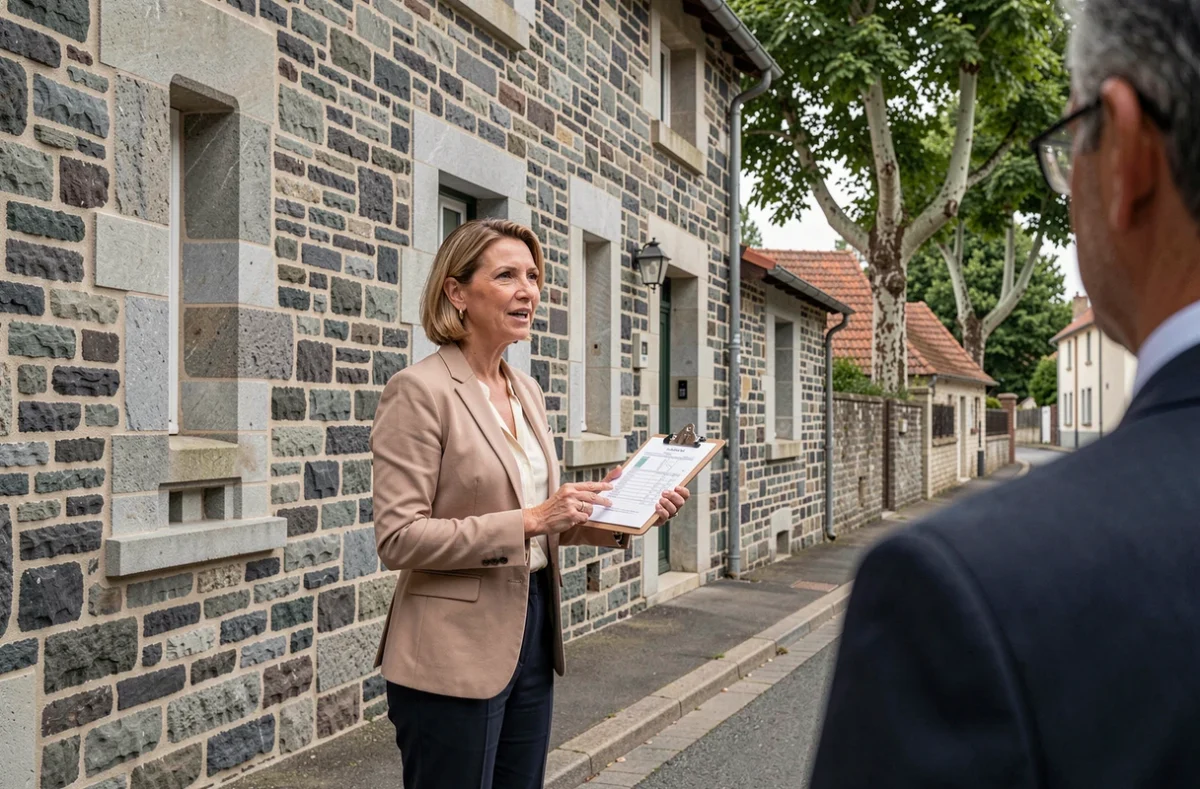Conseillère en immobilier locatif évaluant un bien en pierre typique de l'architecture auvergnate dans le Puy-de-Dôme
