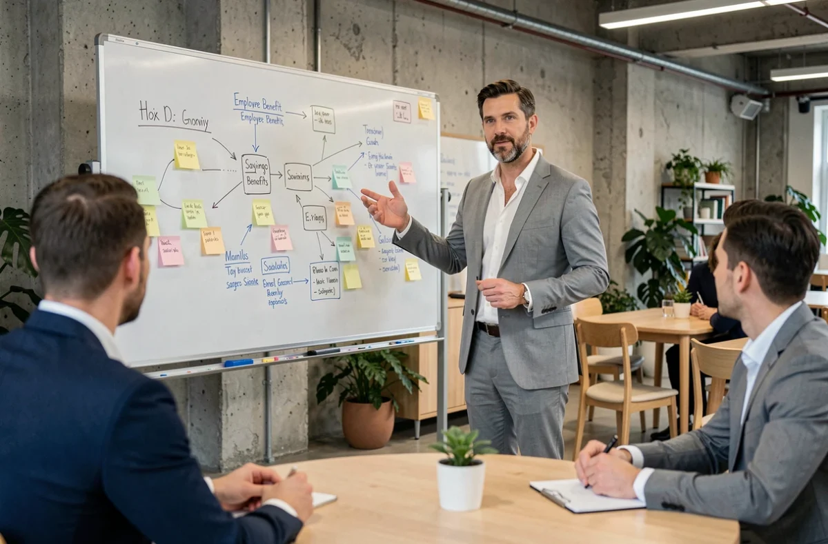 Consultant RH présentant les avantages d'un plan d'épargne salariale à une équipe en open space