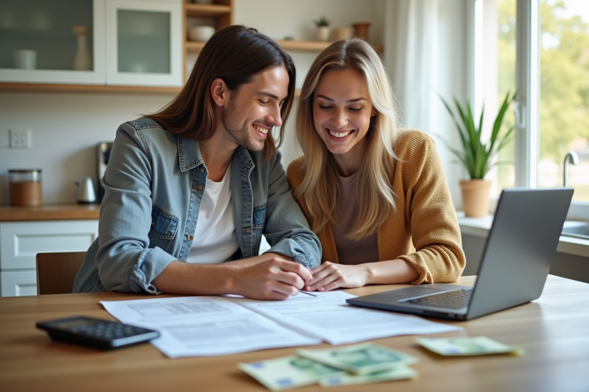 Jeune couple souriant avec documents et argent dans une cuisine lumineuse