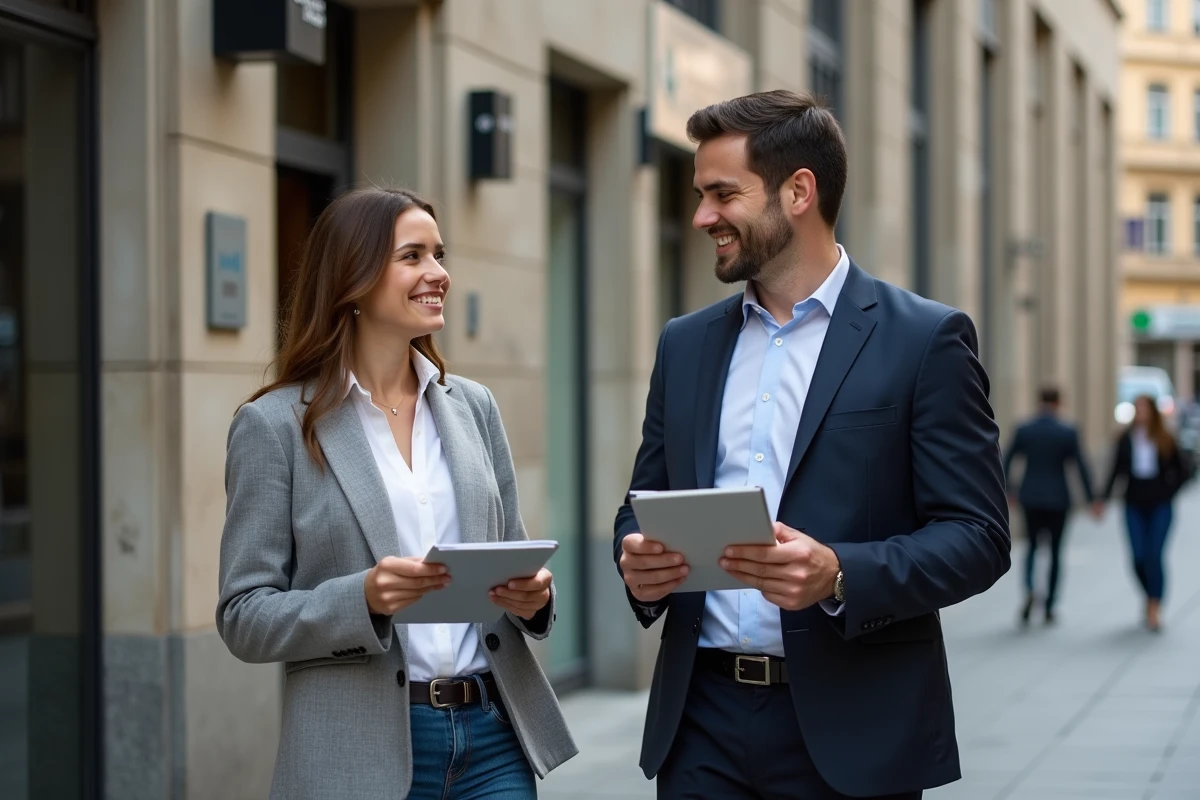 Jeune couple discute devant deux banques en ville