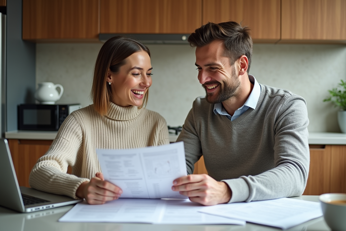 Couple souriant discutant de la valeur de leur maison dans une cuisine moderne