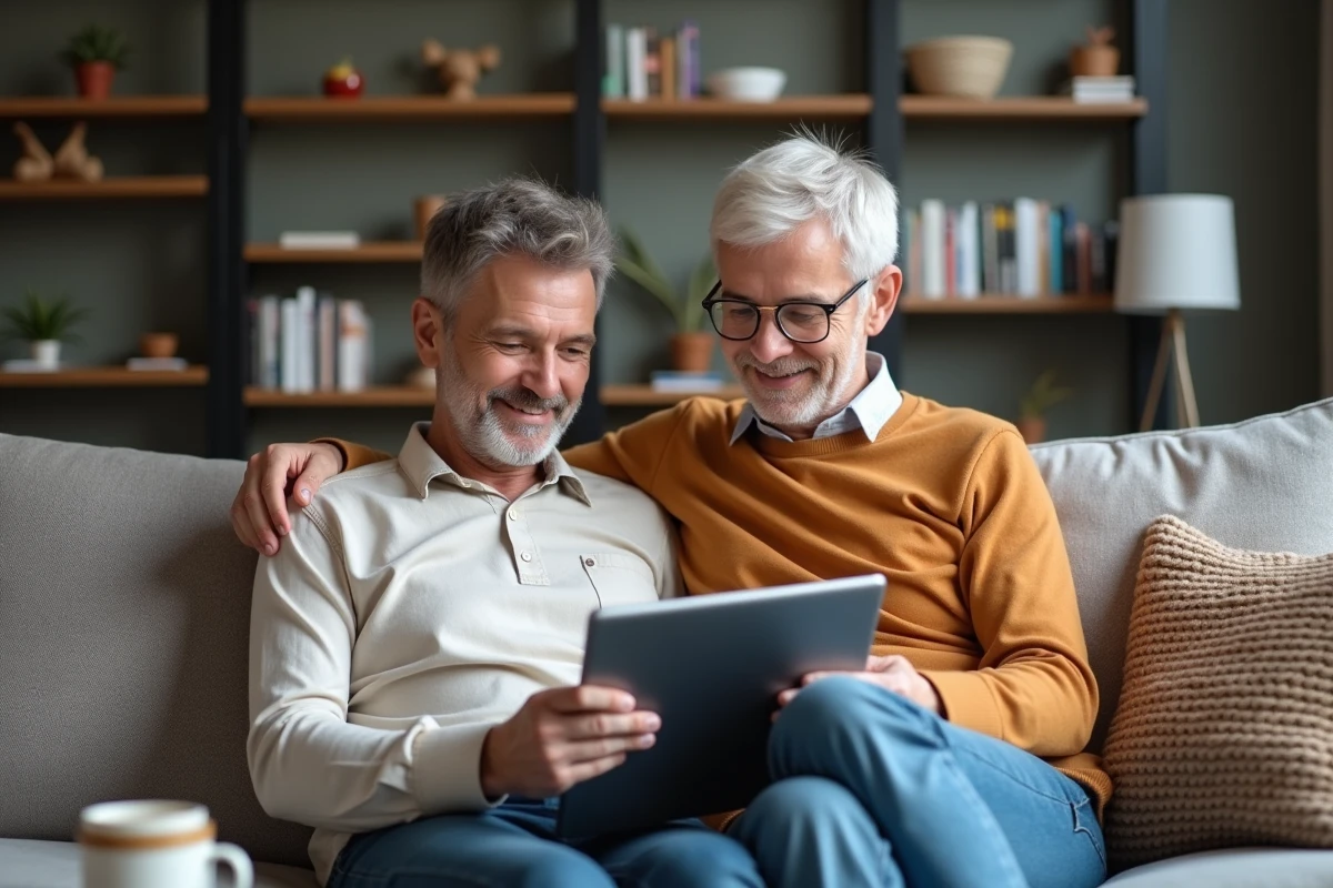 Couple d'expatriés consultant ensemble le site Cesu Urssaf sur une tablette depuis leur appartement à l'étranger