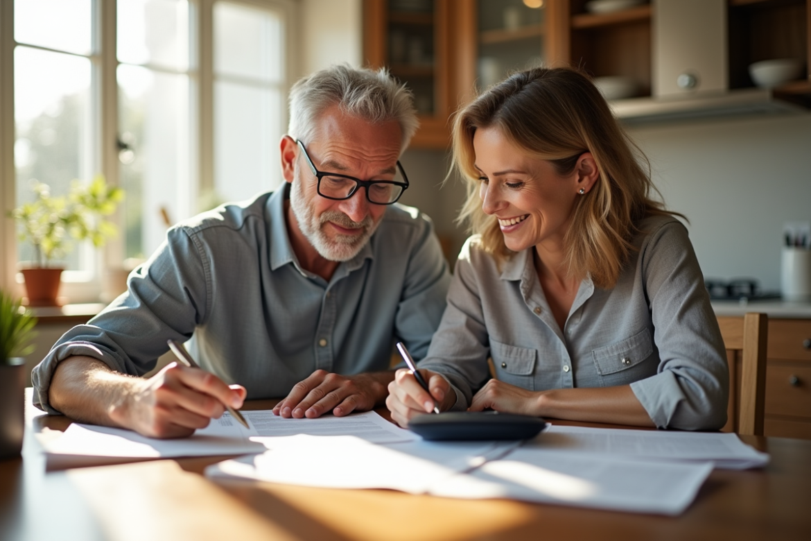 Couple d'adultes lisant des documents d'assurance à la maison