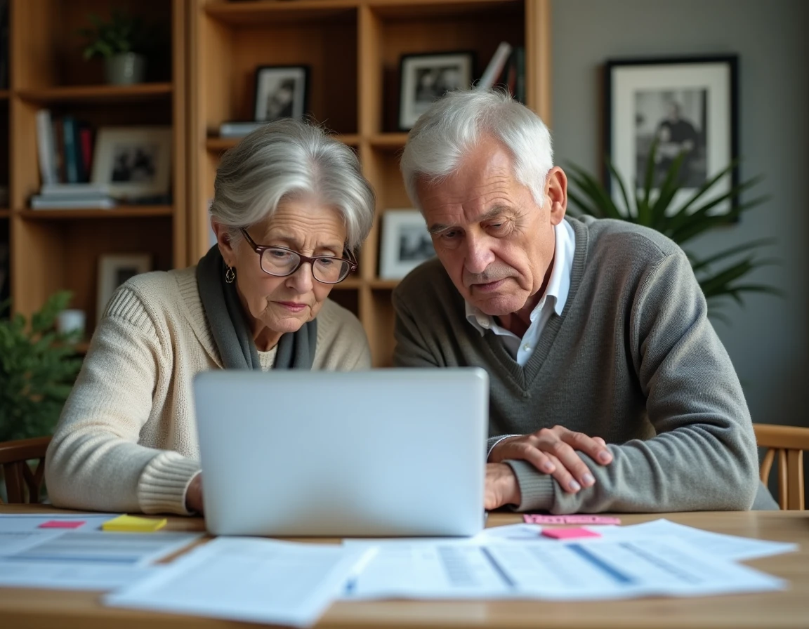 Couple de retraités calculant l'impact de la CSG 2026 sur leur pouvoir d'achat devant un ordinateur