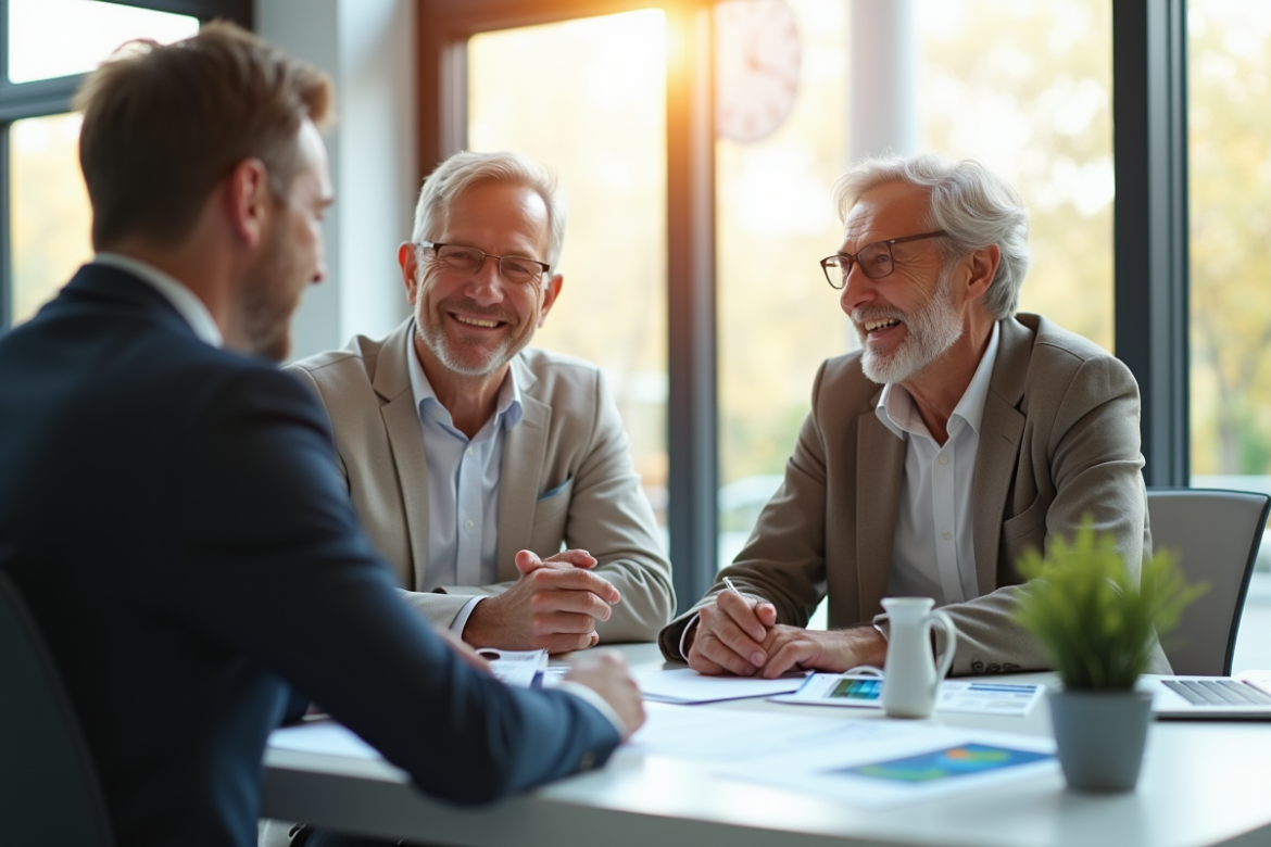 Couple senior souriant avec conseiller financier dans un bureau lumineux
