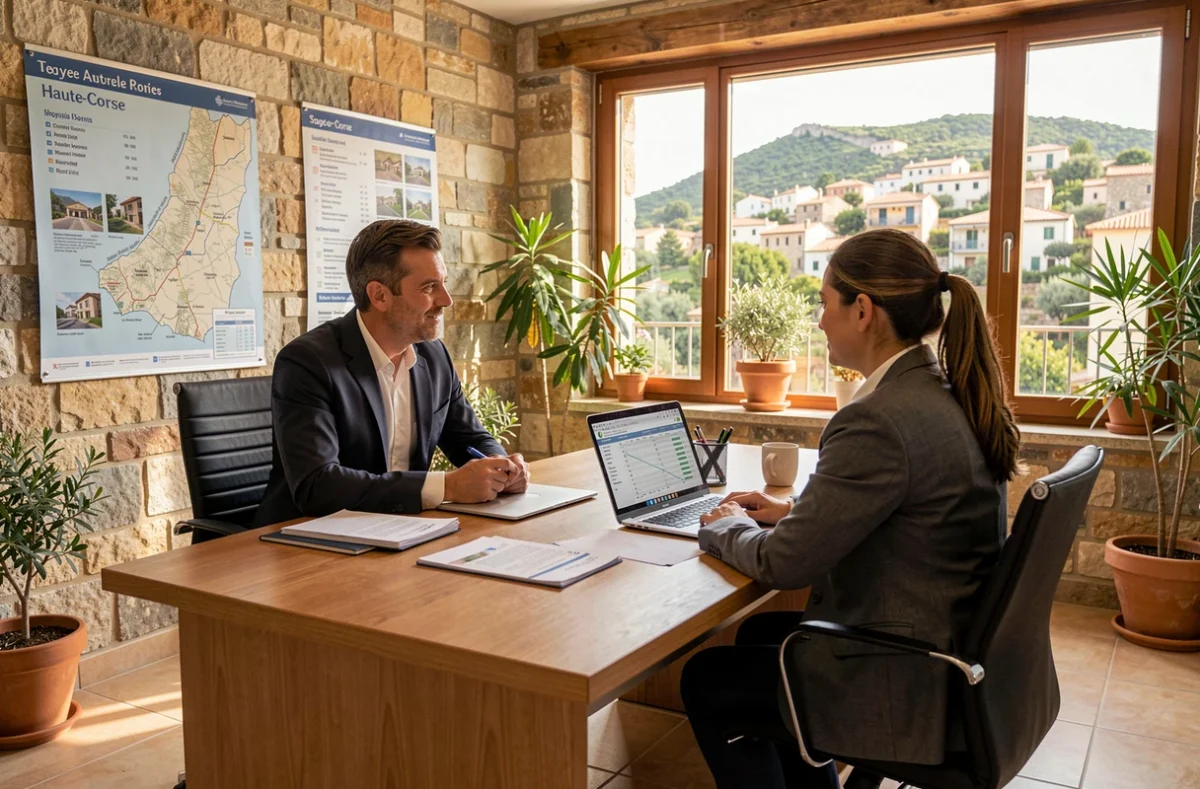 Courtier en crédit immobilier consultant un couple dans un bureau moderne de Haute-Corse