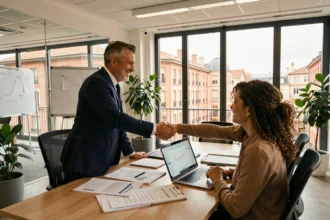 Courtier en crédit immobilier à Toulouse conseillant un couple dans un bureau moderne avec vue sur la ville rose