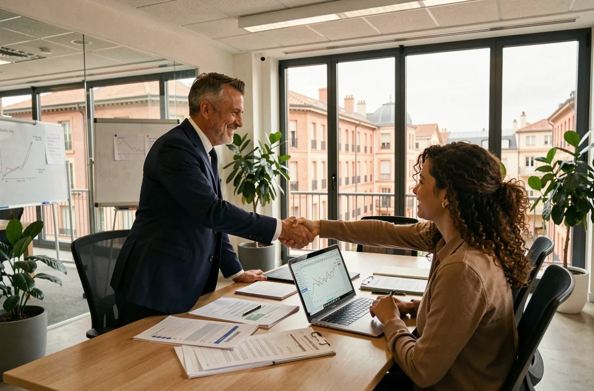 Courtier en crédit immobilier à Toulouse conseillant un couple dans un bureau moderne avec vue sur la ville rose