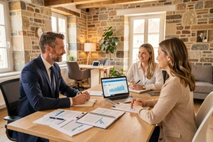 Courtier en rachat de crédit en Bretagne discutant avec un couple dans un bureau moderne aux murs en pierre apparente