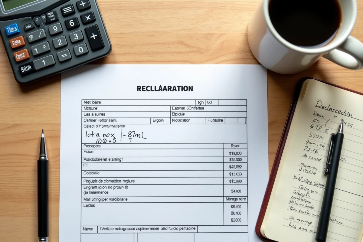Vue du dessus d'un bureau avec formulaire de déclaration fiscale française, calculatrice et notes manuscrites sur l'optimisation du salaire brut