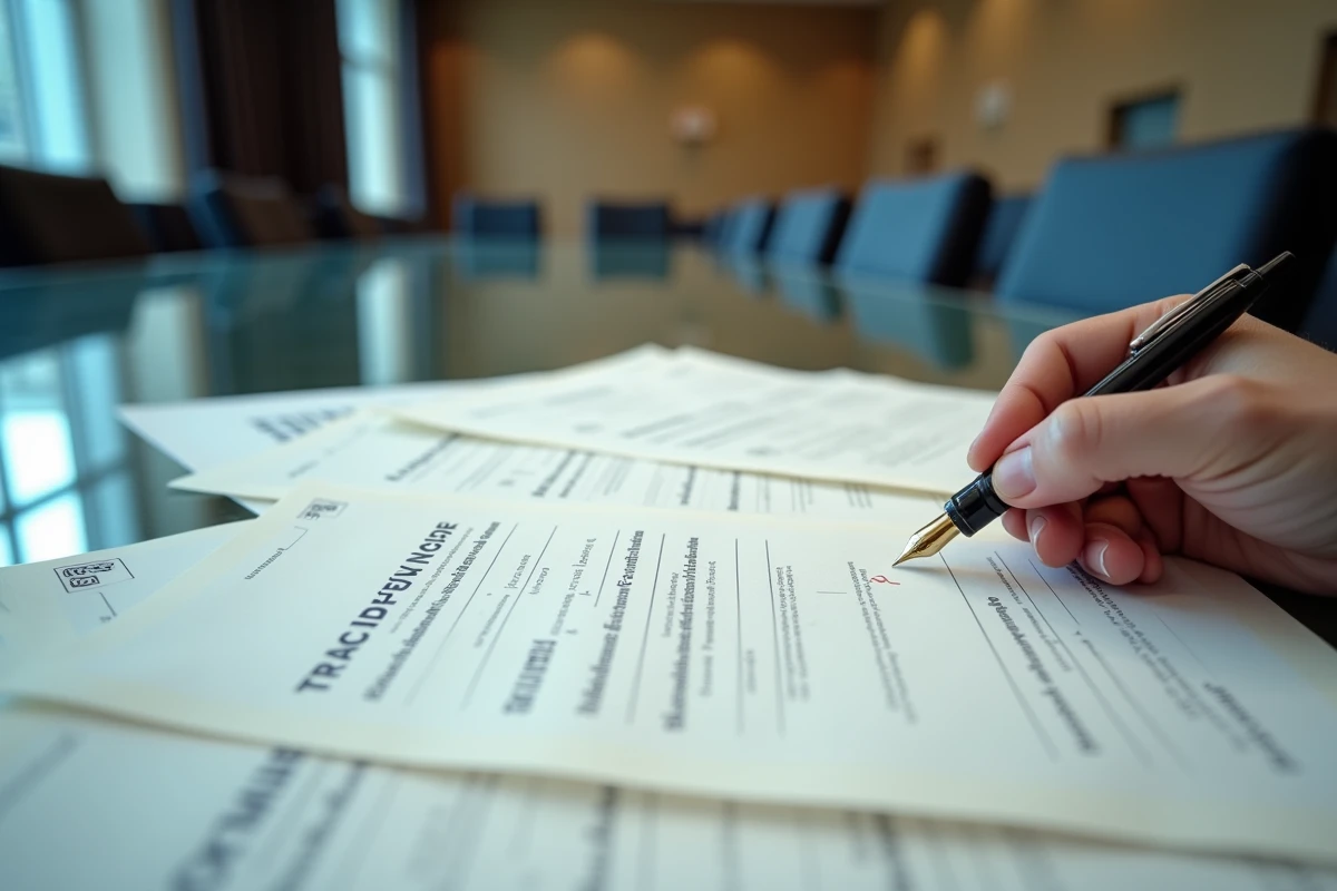 Gros plan sur des formulaires de déclaration de patrimoine officiels français posés sur une table de conférence avec une main tenant un stylo