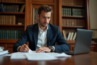 Jeune député français en costume marine examinant des déclarations officielles sur un bureau en bois dans un cadre institutionnel