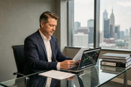 Dirigeant d'entreprise consultant des documents confidentiels dans un bureau privé moderne avec vue sur la ville