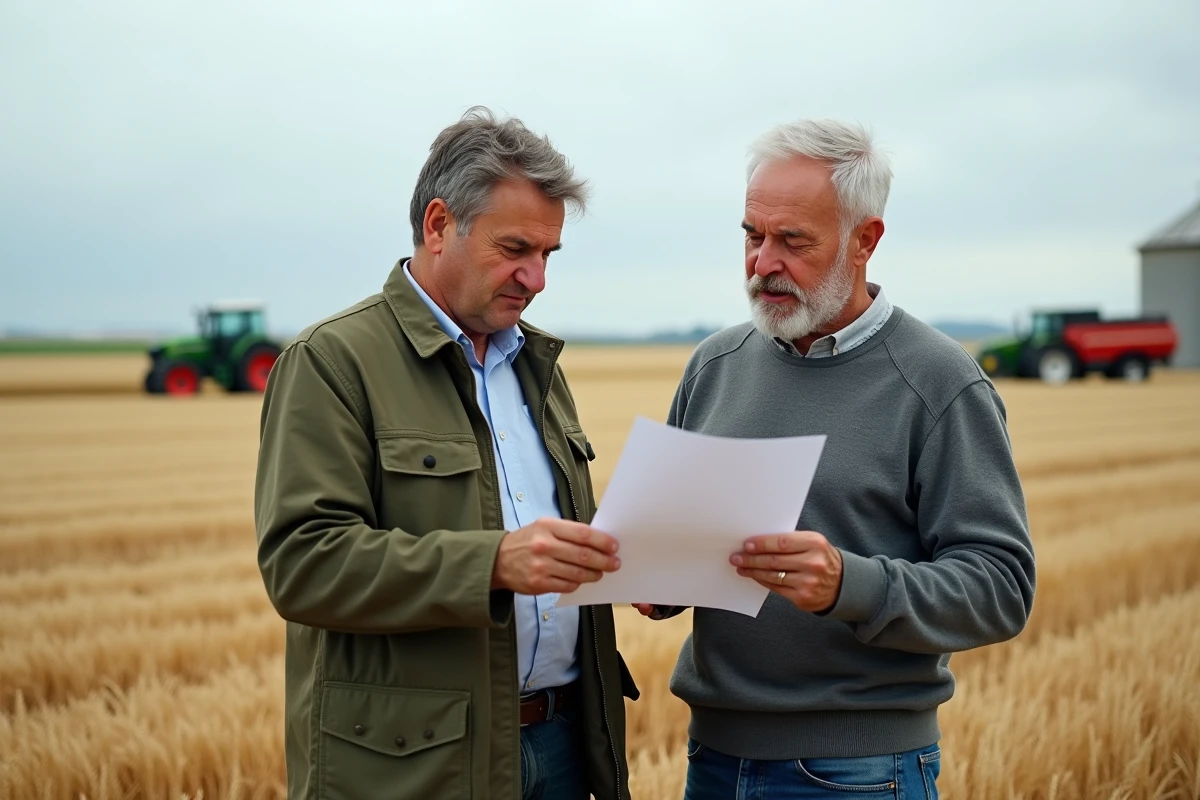 Deux agriculteurs discutant du prix du quintal de blé fermage et des plafonds légaux 2026 devant un champ moissonné