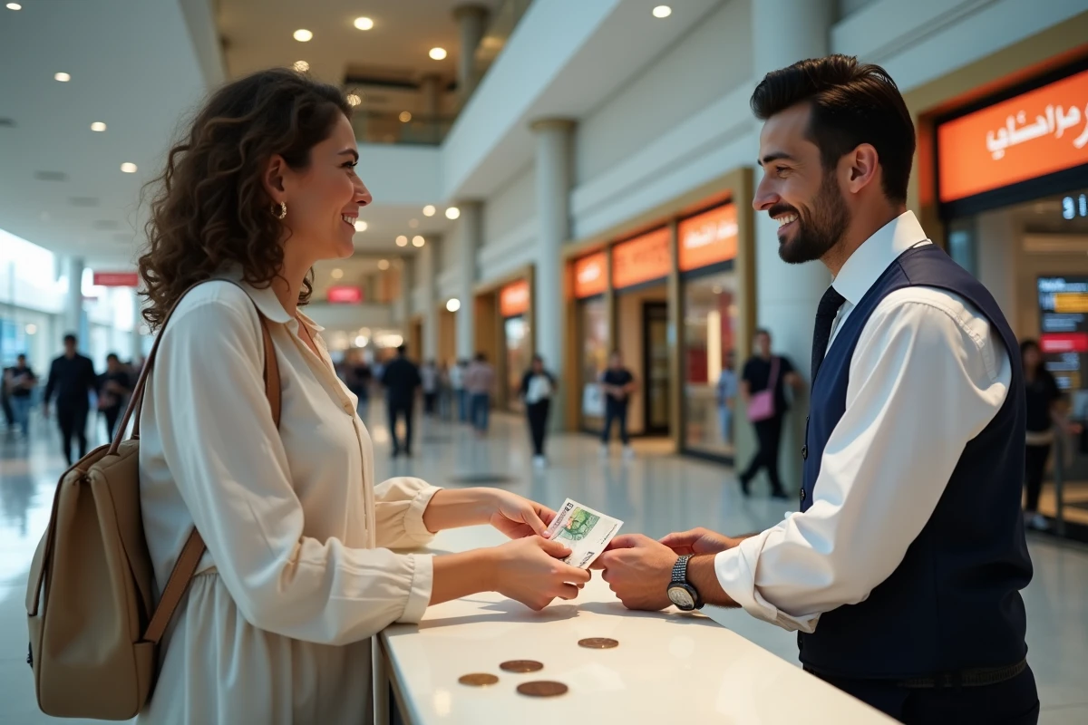 Touriste échangeant des euros contre des dirhams dans un bureau de change d'un centre commercial à Dubaï