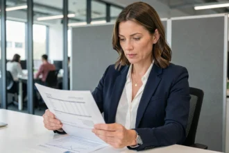 Employée en costume professionnel analysant ses documents d'épargne salariale CIC dans un bureau moderne