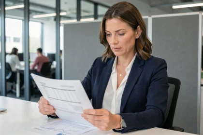 Employée en costume professionnel analysant ses documents d'épargne salariale CIC dans un bureau moderne