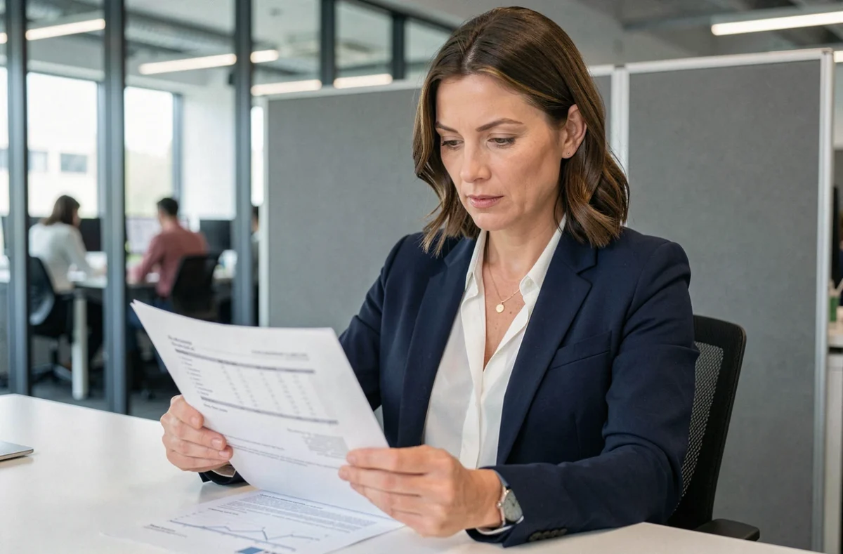Employée en costume professionnel analysant ses documents d'épargne salariale CIC dans un bureau moderne