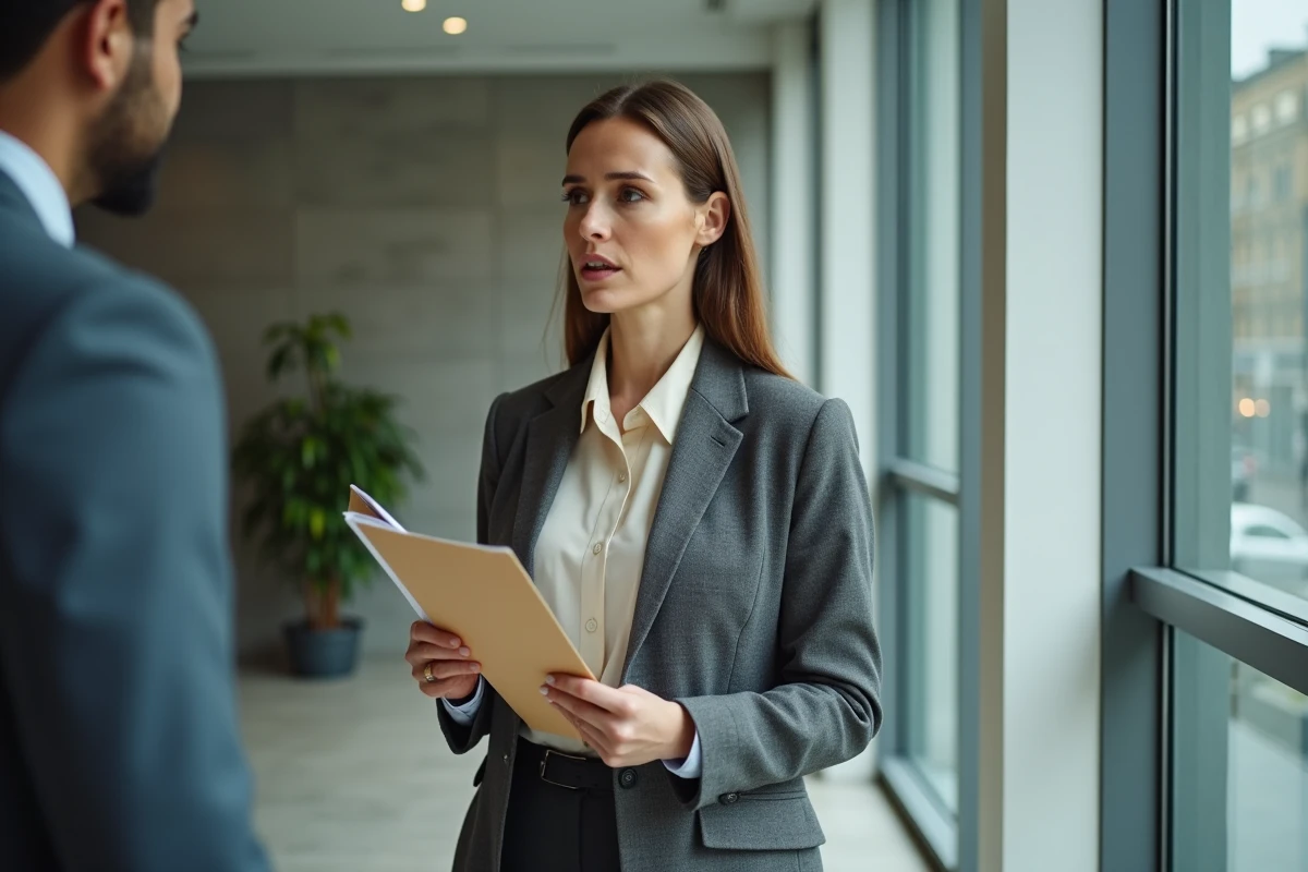 Employée de la fonction publique discutant des effets du gel du point d'indice dans un couloir administratif