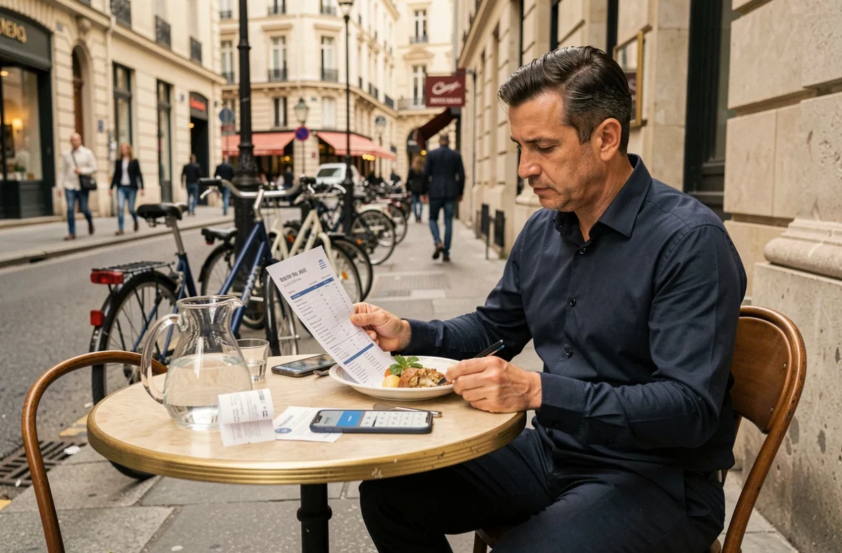 Employé en terrasse de restaurant consultant un document fiscal pour déduire ses frais de repas professionnels