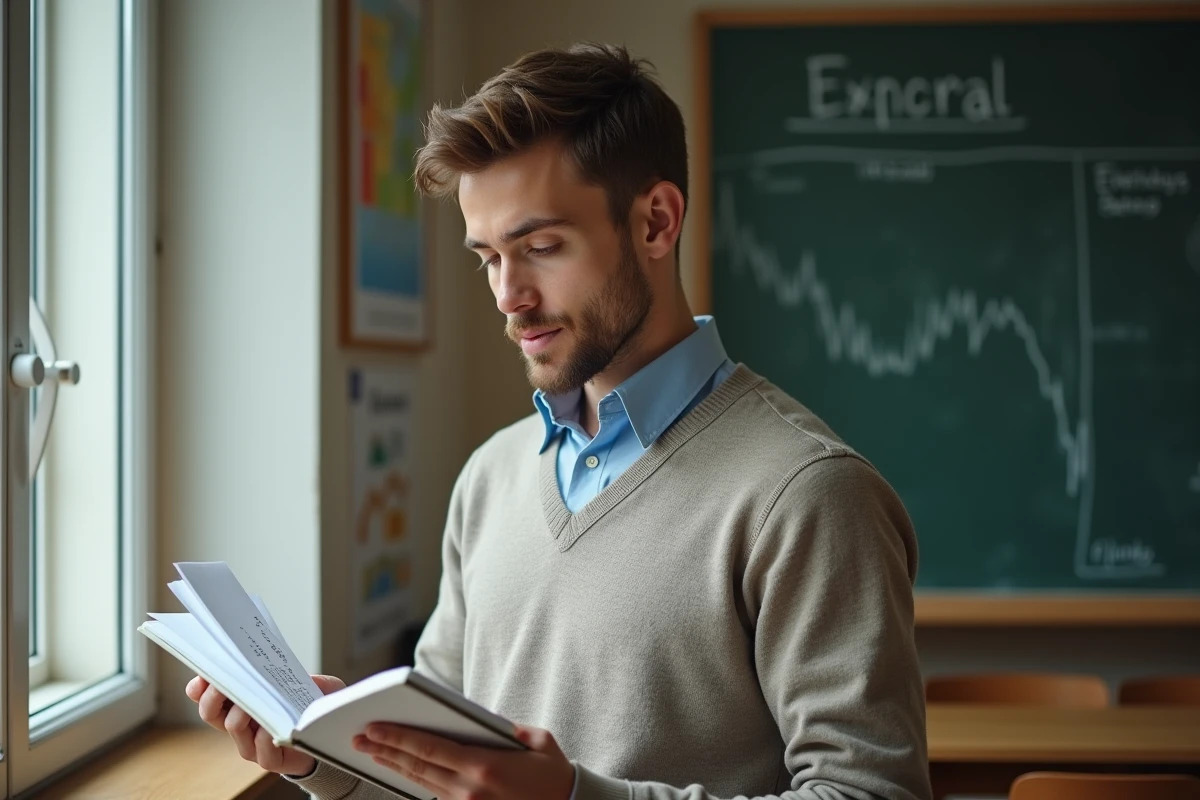 Jeune enseignant regarde une fiche de paie dans une classe