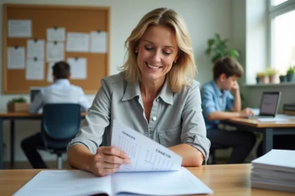 Enseignante souriante vérifiant le calendrier scolaire 2026