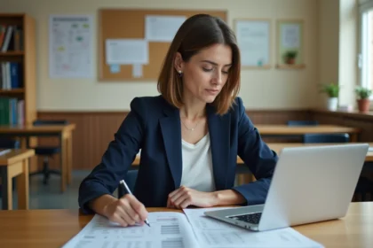 Enseignante comparant un simulateur de salaire en ligne avec des documents officiels de l'Éducation nationale sur son bureau
