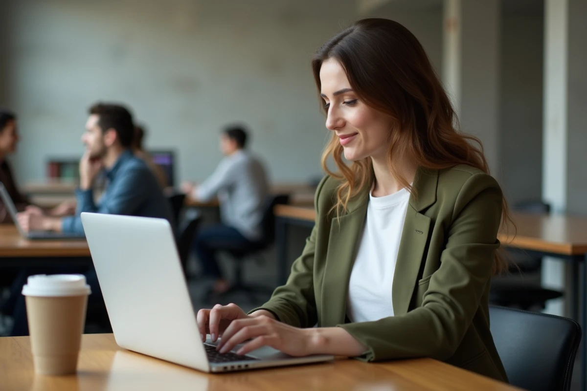 Femme gérant son compte client en ligne depuis un espace de coworking avec un ordinateur portable