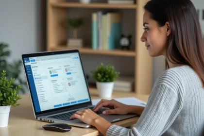 Femme utilisant un espace client en ligne sur son ordinateur portable depuis son bureau à domicile