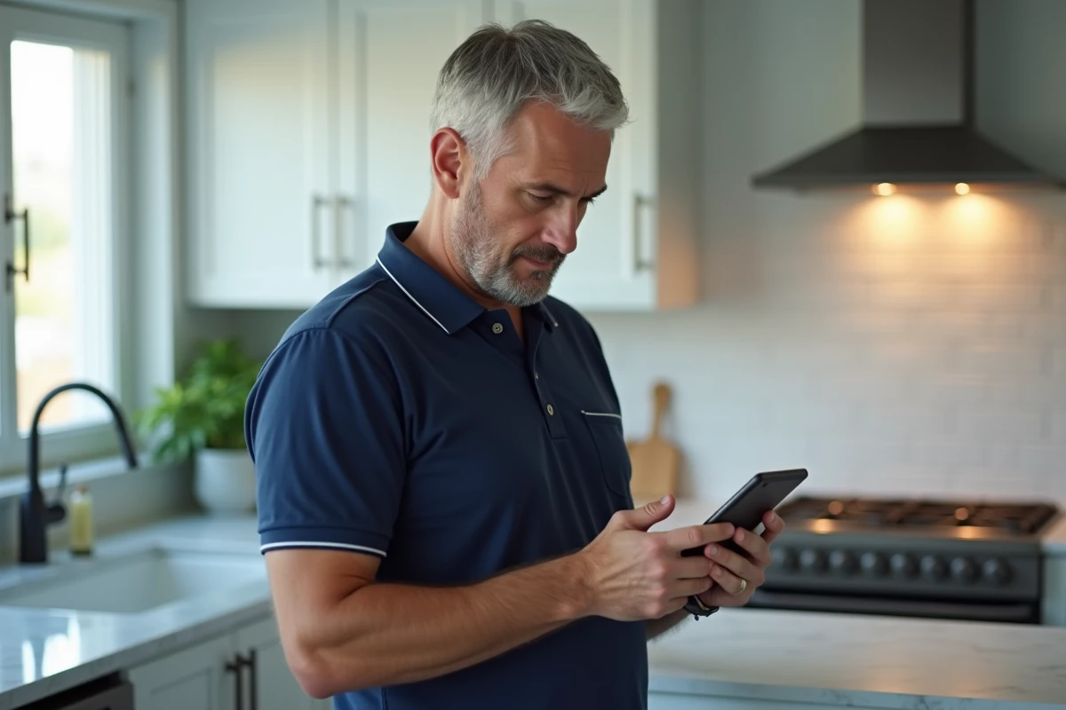 Homme consultant son espace client sur smartphone dans une cuisine moderne