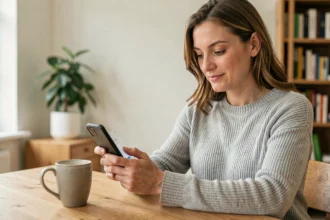 Femme utilisant l'Espace particulier Société Générale sur smartphone depuis son appartement