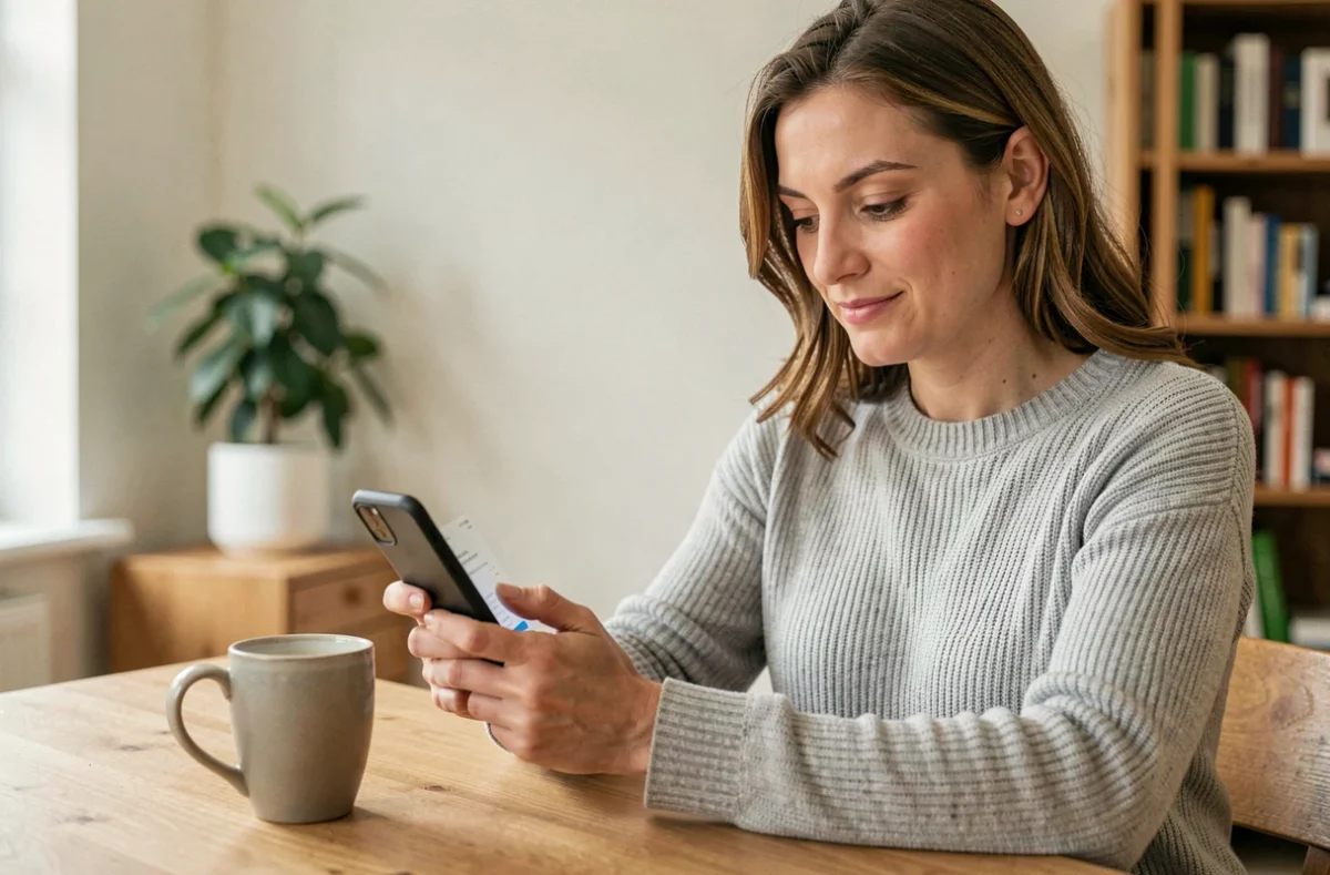 Femme utilisant l'Espace particulier Société Générale sur smartphone depuis son appartement