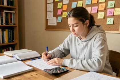 Étudiante calculant un taux d'évolution avec une calculatrice scientifique et des cahiers de mathématiques sur un bureau en bois